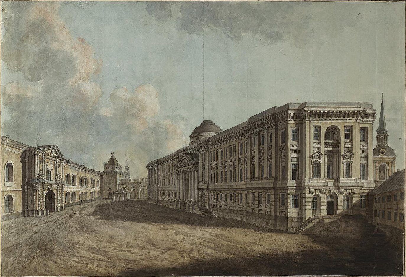 Senatet og Nikolskaja-porten i Kreml af Fjodor Aleksejev, ca. 1800, tegnet i Kreml i Moskva, Moskva