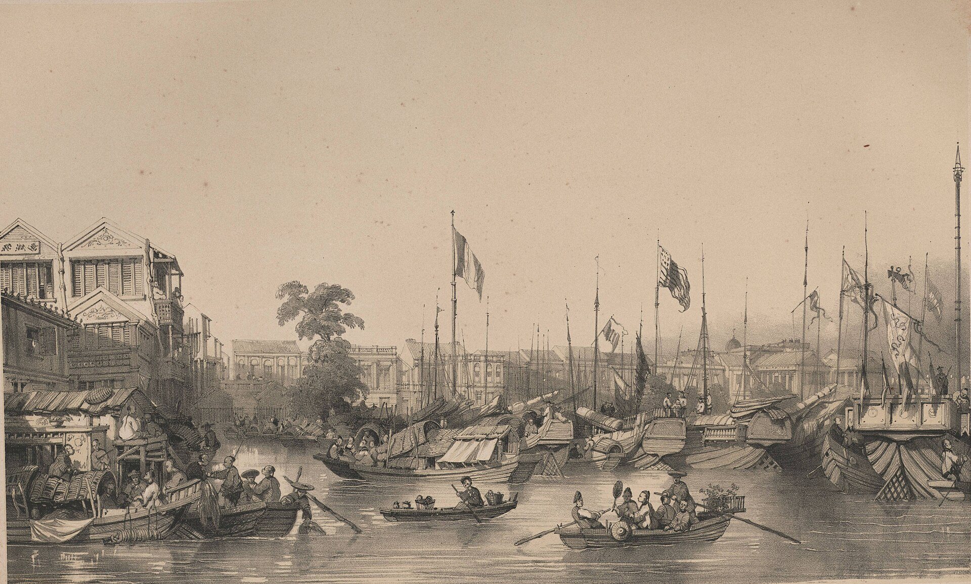 สถานีการค้ายุโรปที่กวางโจว โดย โทมัส อัลลอม, 1842 วาดที่ กวางโจว จีน