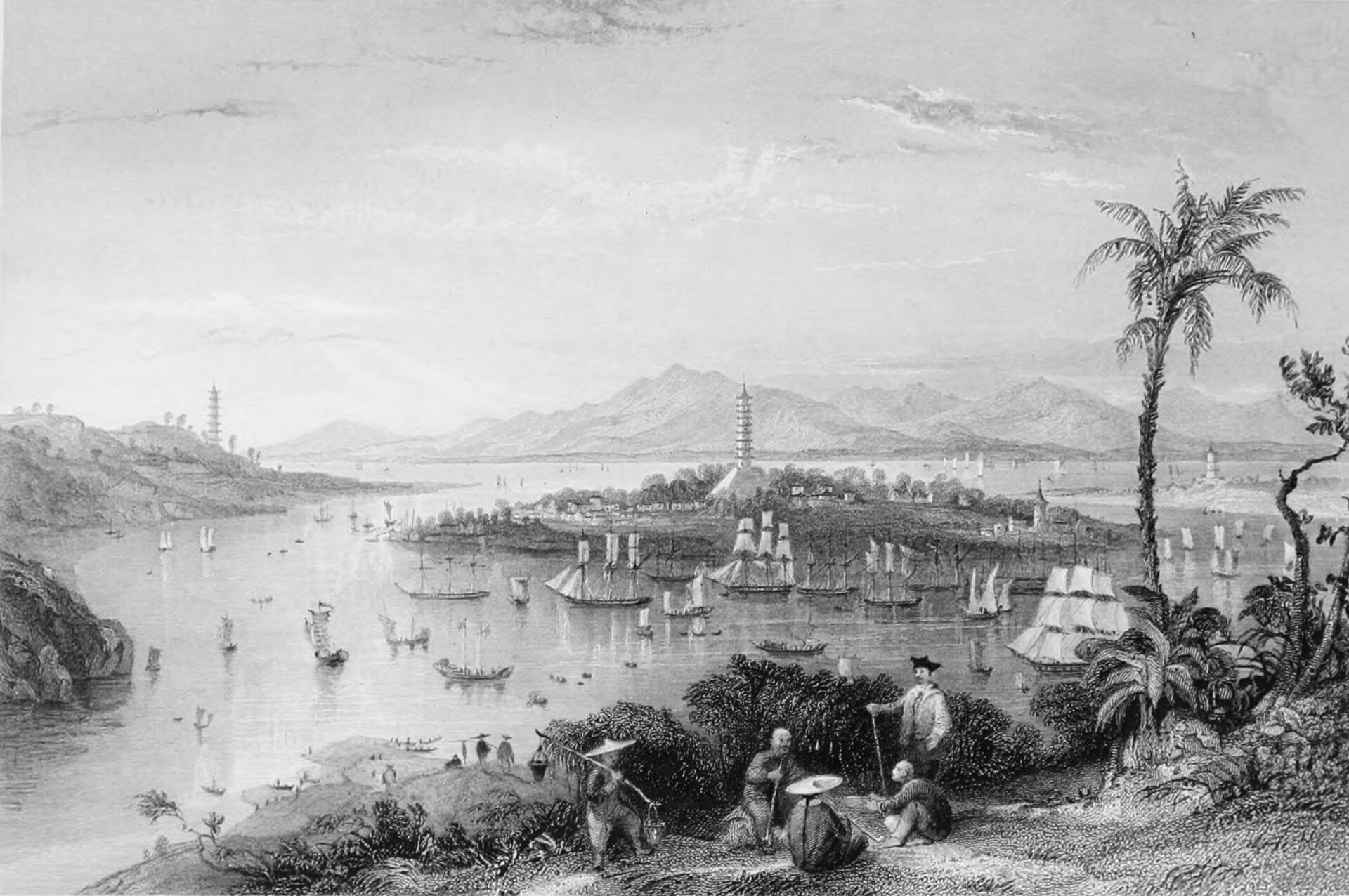 Whampoa dari Pulau Denmark oleh Thomas Allom, sekitar 1843, dilukis di Whampoa, Kanton, China