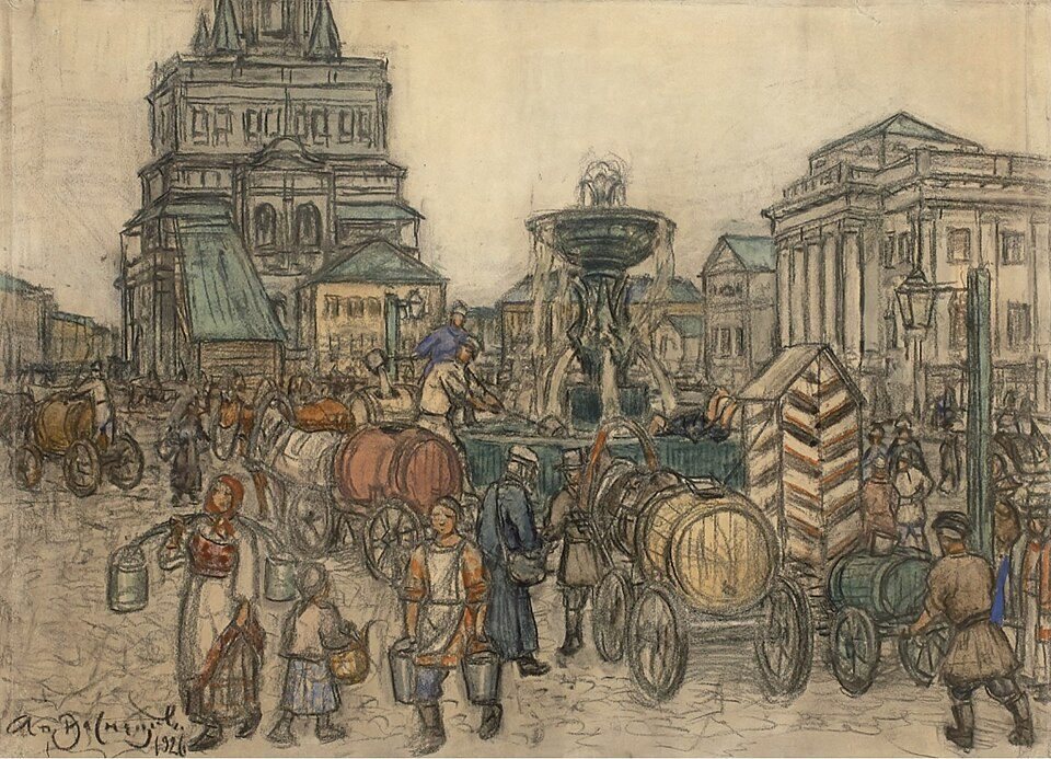 Fontæne på Sukharevskaja-pladsen af Apollinarij Vasnetsov, 1926, tegnet i Sukharevskaja-pladsen, Moskva