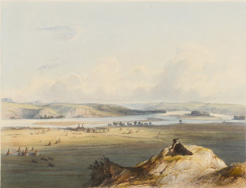 فورت بيير على نهر ميزوري من رسم كارل بودمر, 1833، رُسم في فورت بيير، داكوتا الجنوبية