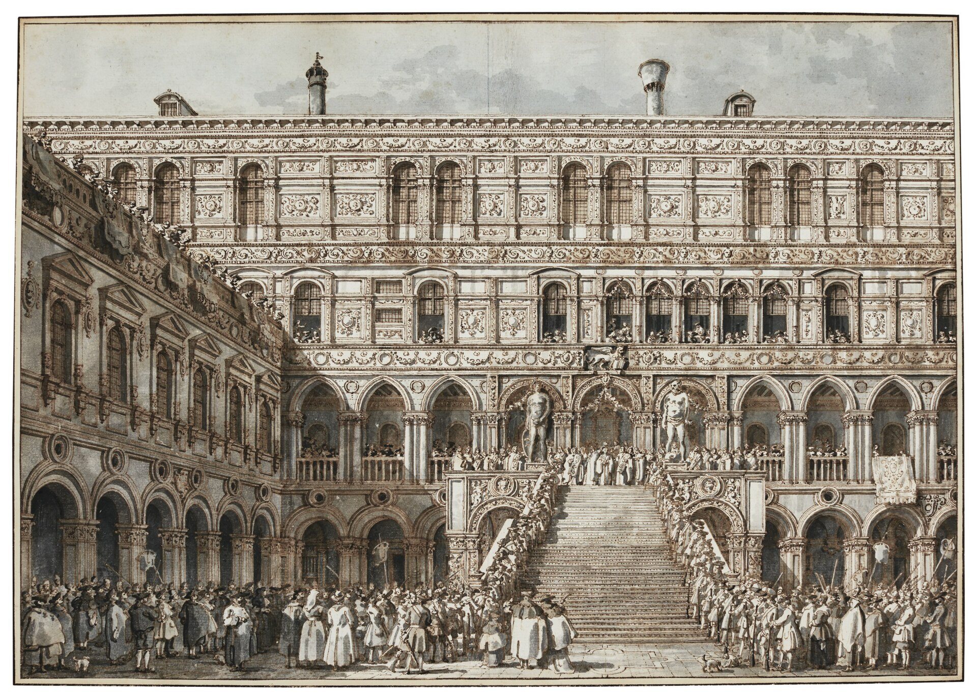 Scala dei Giganti: Canaletto, 18. století, nakresleno: Dóžecí palác, Benátky