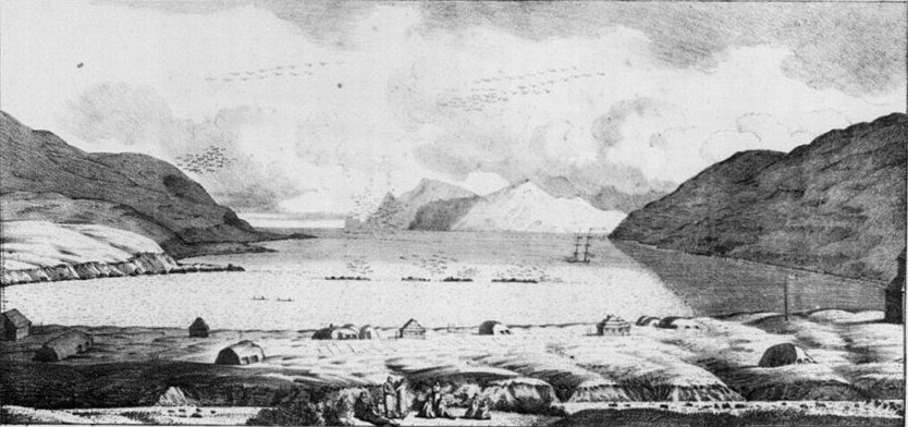 Přístav Unalaska: Louis Choris, 1817, nakresleno: Ostrov Unalaska, Aljaška