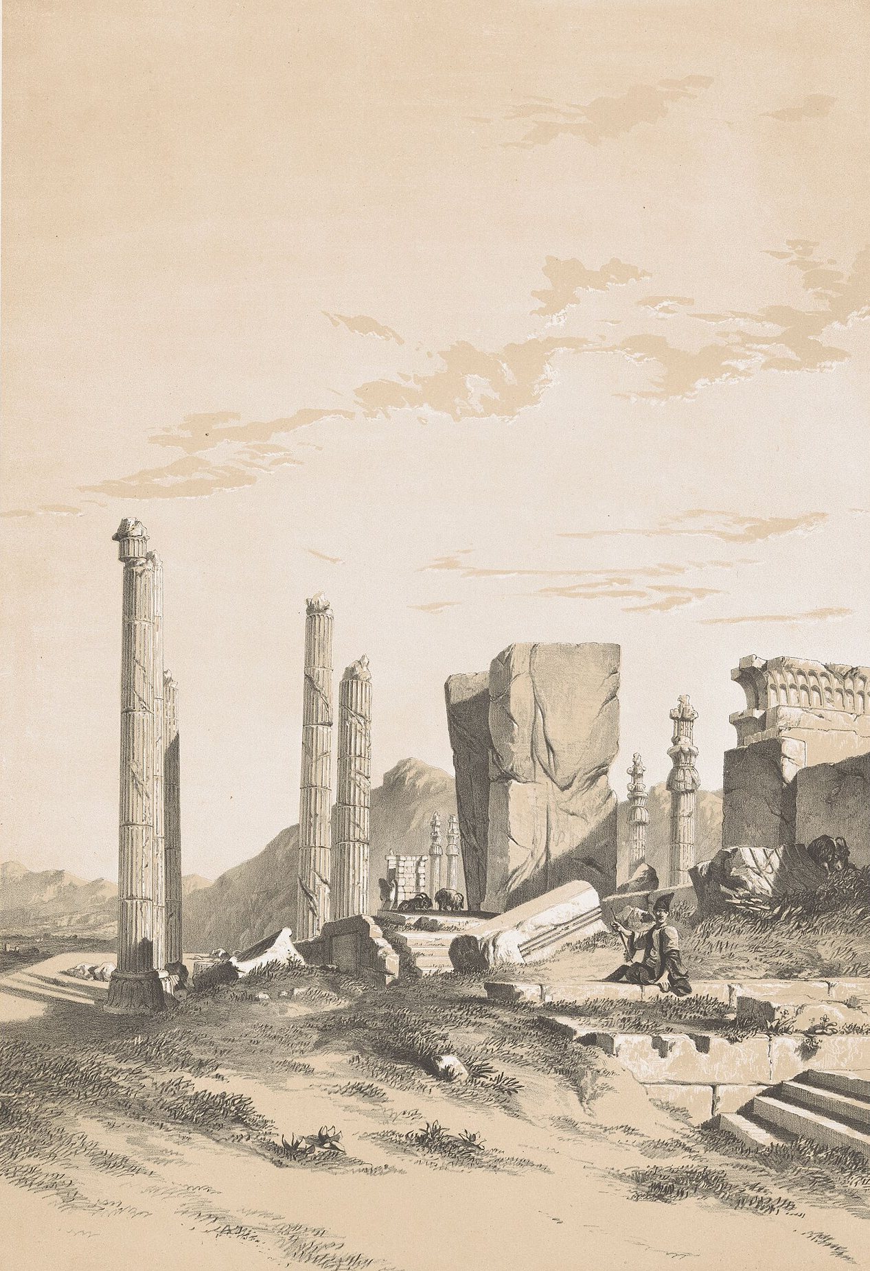 De ruïnes van Persepolis van Eugène Flandin, ca. 1850, getekend in Persepolis, Iran