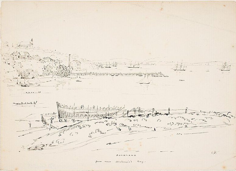 Auckland des de prop de Mechanics Bay de Charles Heaphy, dècada de 1850, dibuixat a Mechanics Bay, Auckland, Nova Zelanda