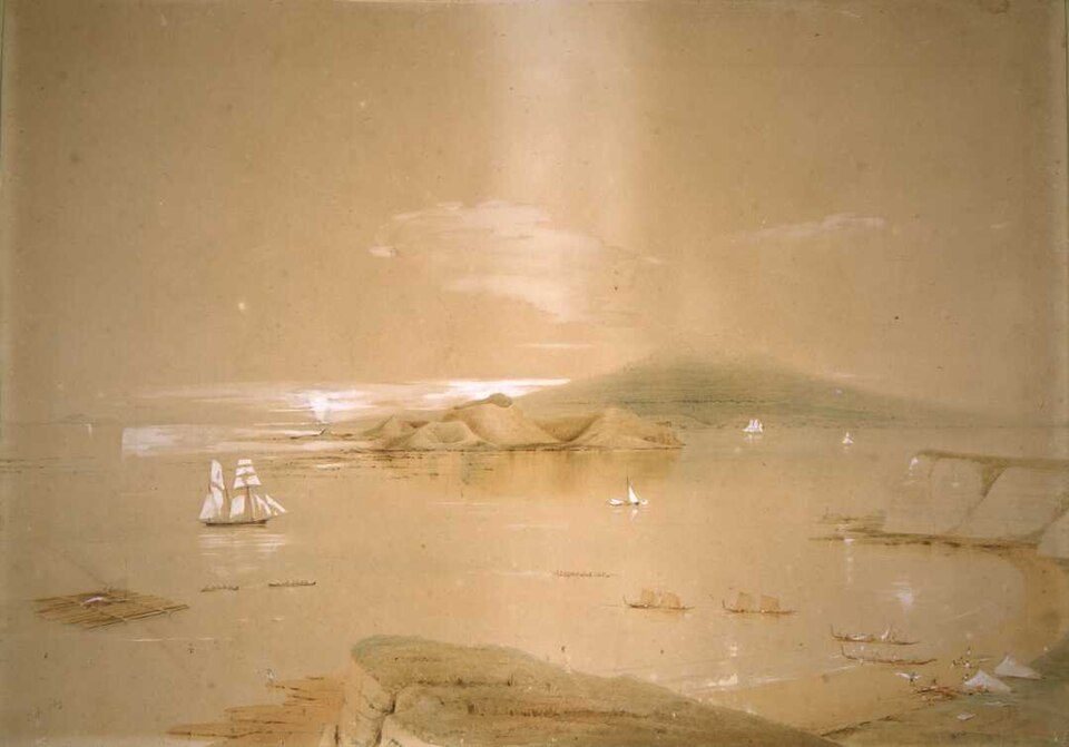 Rangitoto a ostrov Browns: Charles Heaphy, kolem 1850, nakresleno: Záliv Hauraki, Auckland, Nový Zéland