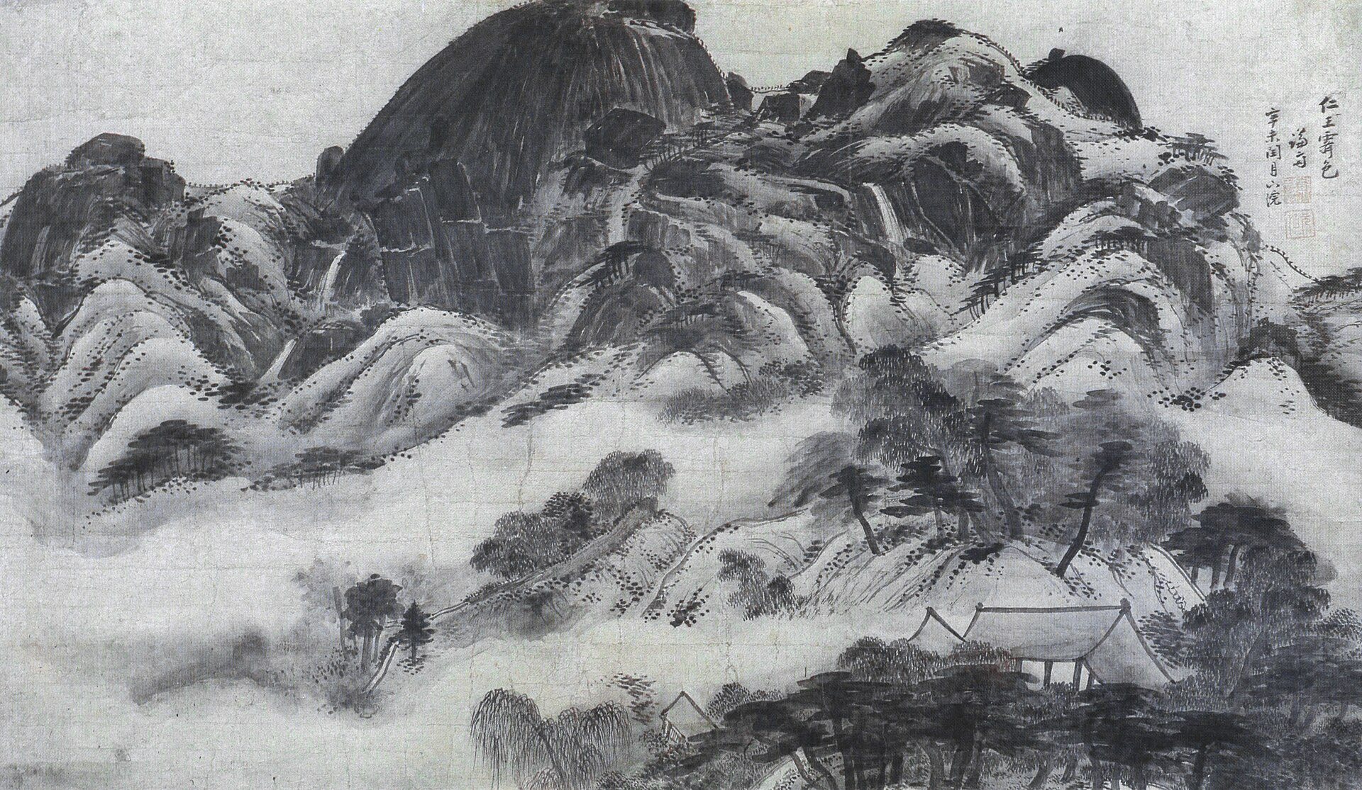 Góra Inwang po deszczu: Jeong Seon, 1751, narysowano: Góra Inwang, Seul, Korea