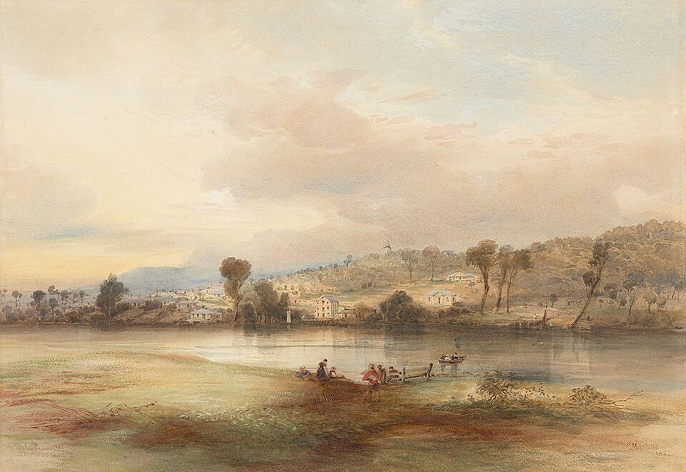 North Brisbane from Kangaroo Point by Conrad Martens, 1852, drawn at Brisbane, Queensland, Australia