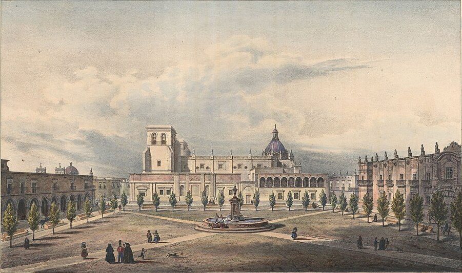 Piața principală din Guadalajara: Carl Nebel, 1836, desenat: Guadalajara, Mexic