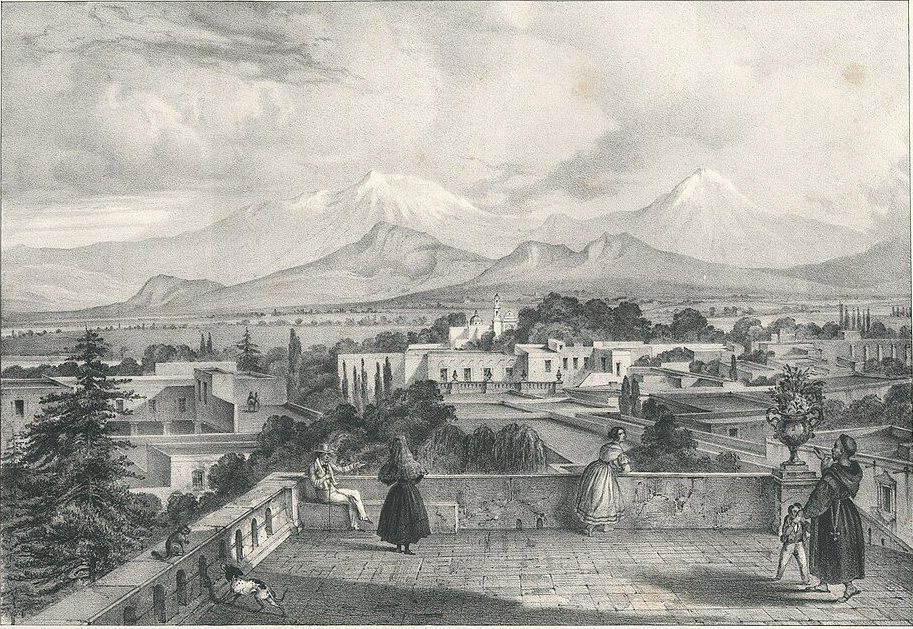 Vulcanii mexicani văzuți din Tacubaya: Carl Nebel, 1836, desenat: Tacubaya, Ciudad de México, Mexic
