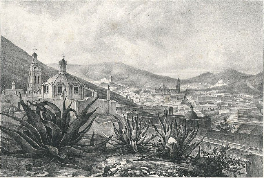 Celkový pohled na Zacatecas: Carl Nebel, 1836, nakresleno: Zacatecas, Mexiko