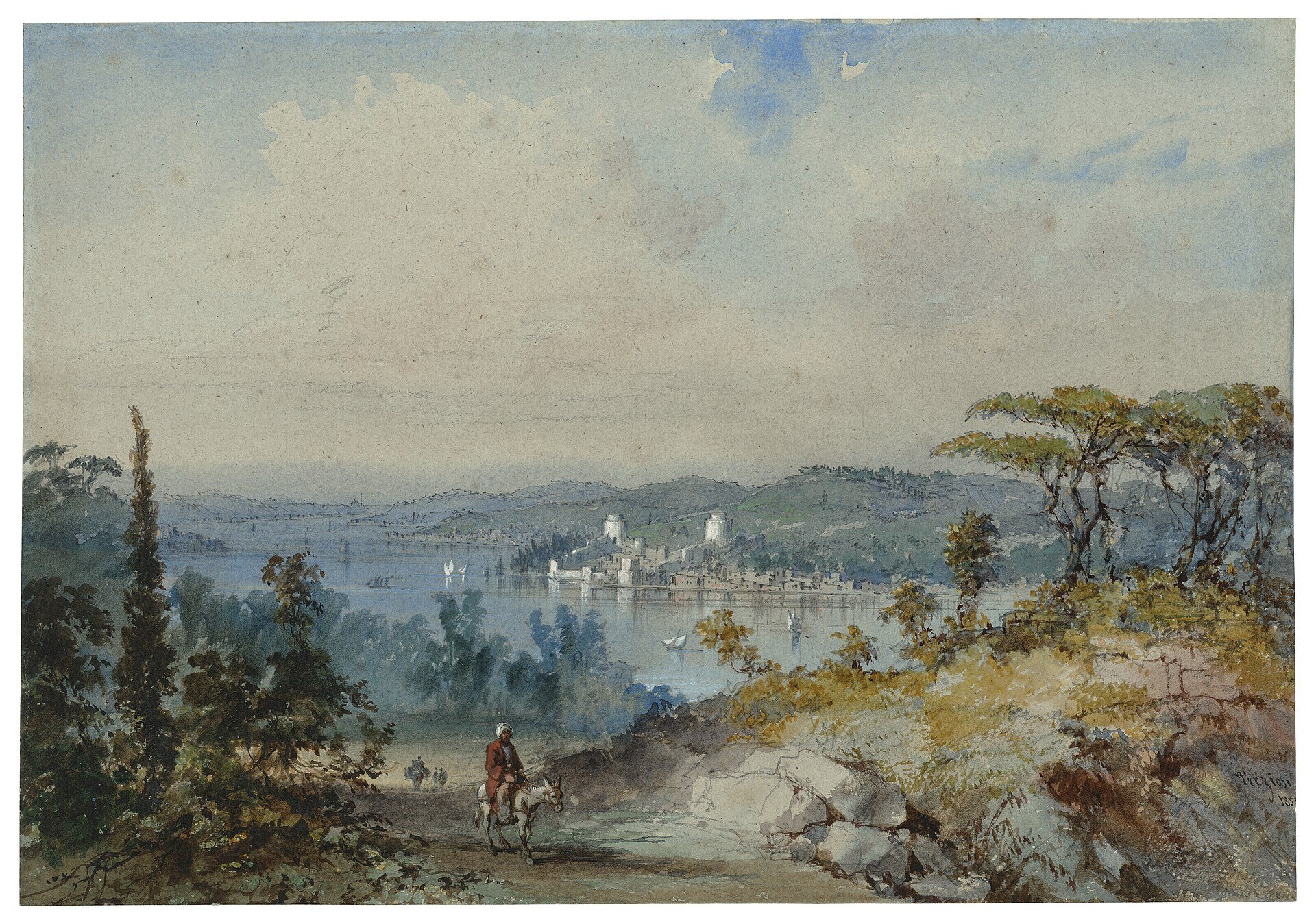 Vue sur le Bosphore de Amadeo Preziosi, 19e siècle, dessiné à Bosphore, Istanbul, Turquie