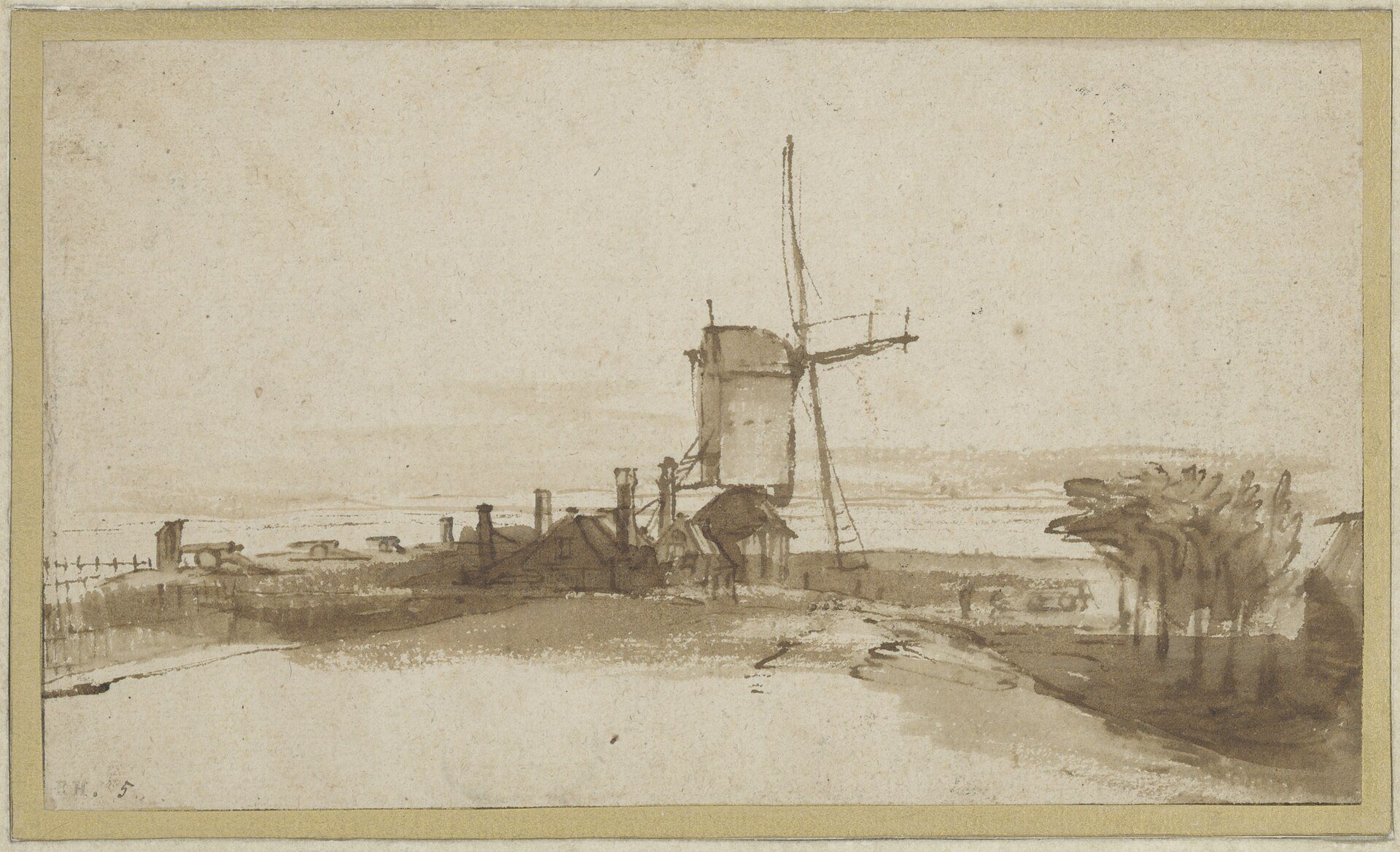 The De Bok Mill by Rembrandt van Rijn, 1650, drawn at Blauwhoofd bastion, Amsterdam