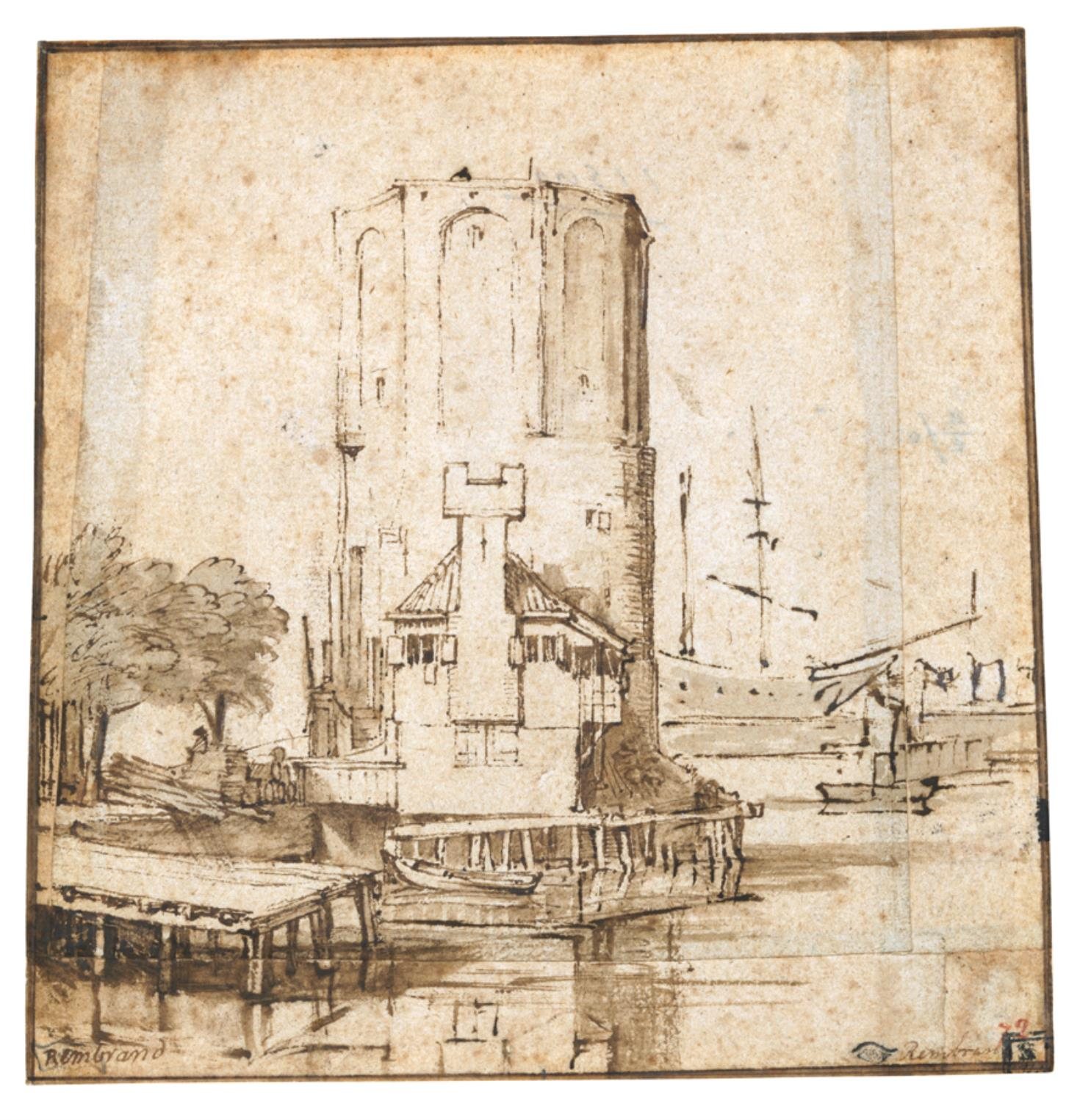 Montelbaanstoren: Rembrandt van Rijn, kolem 1640, nakresleno: Montelbaanstoren, Amsterdam