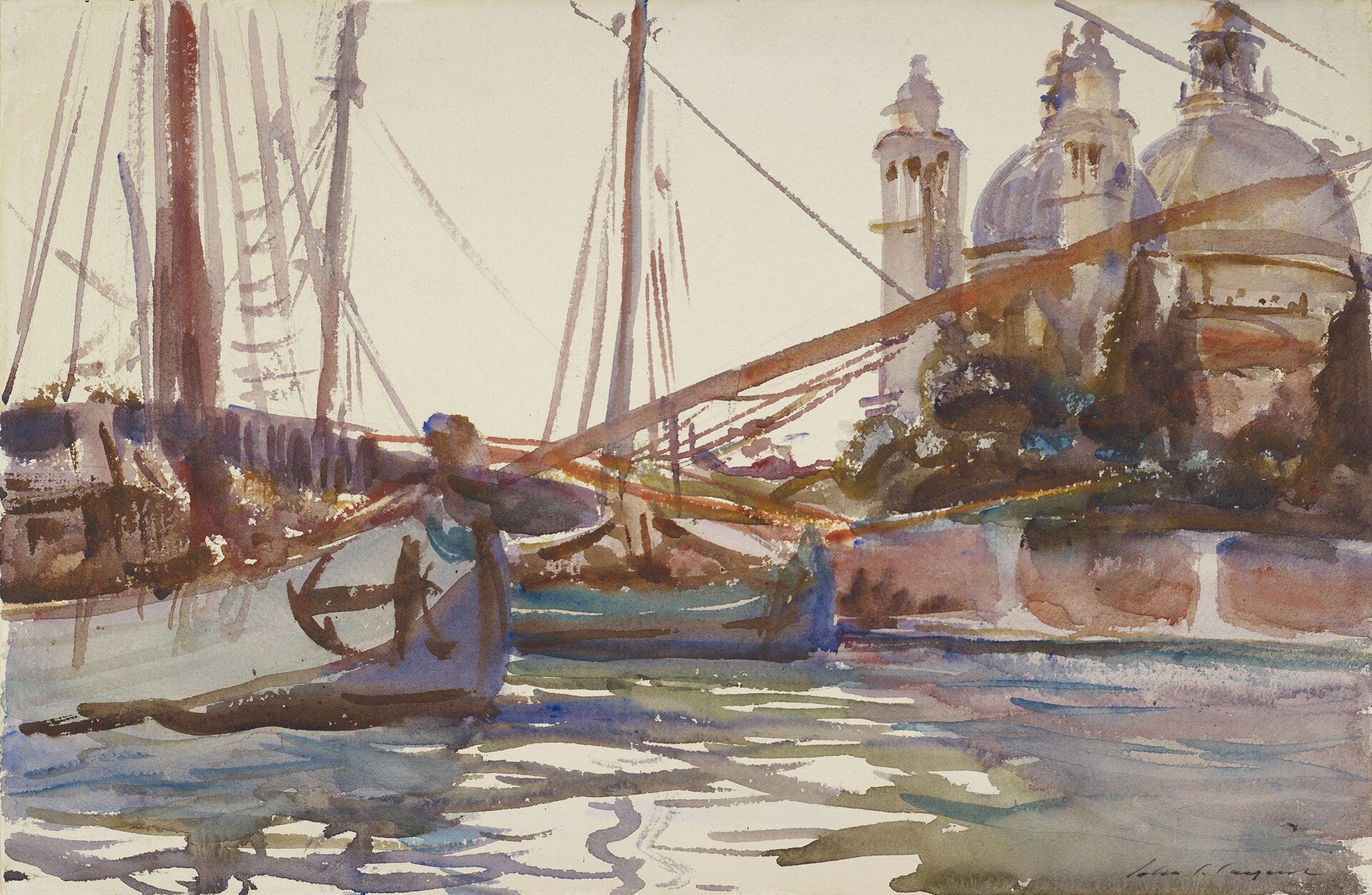 Gondeln an der Salute von John Singer Sargent, 1903–1907, gezeichnet in Canal Grande an der Salute, Venedig