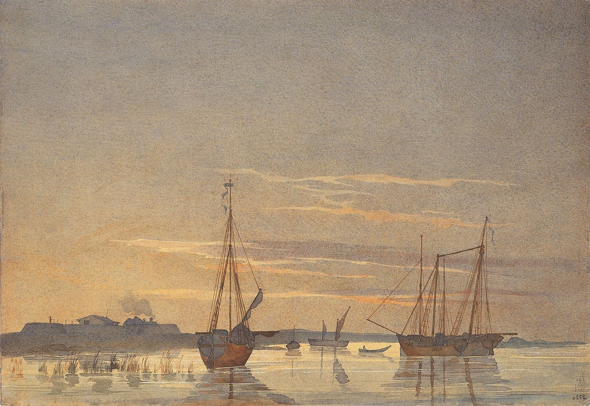 Skonnerter ved fortet Kosaral i solnedgang af Taras Shevchenko, oktober 1848, tegnet i Øen Kosaral, Aralsøen, Kasakhstan