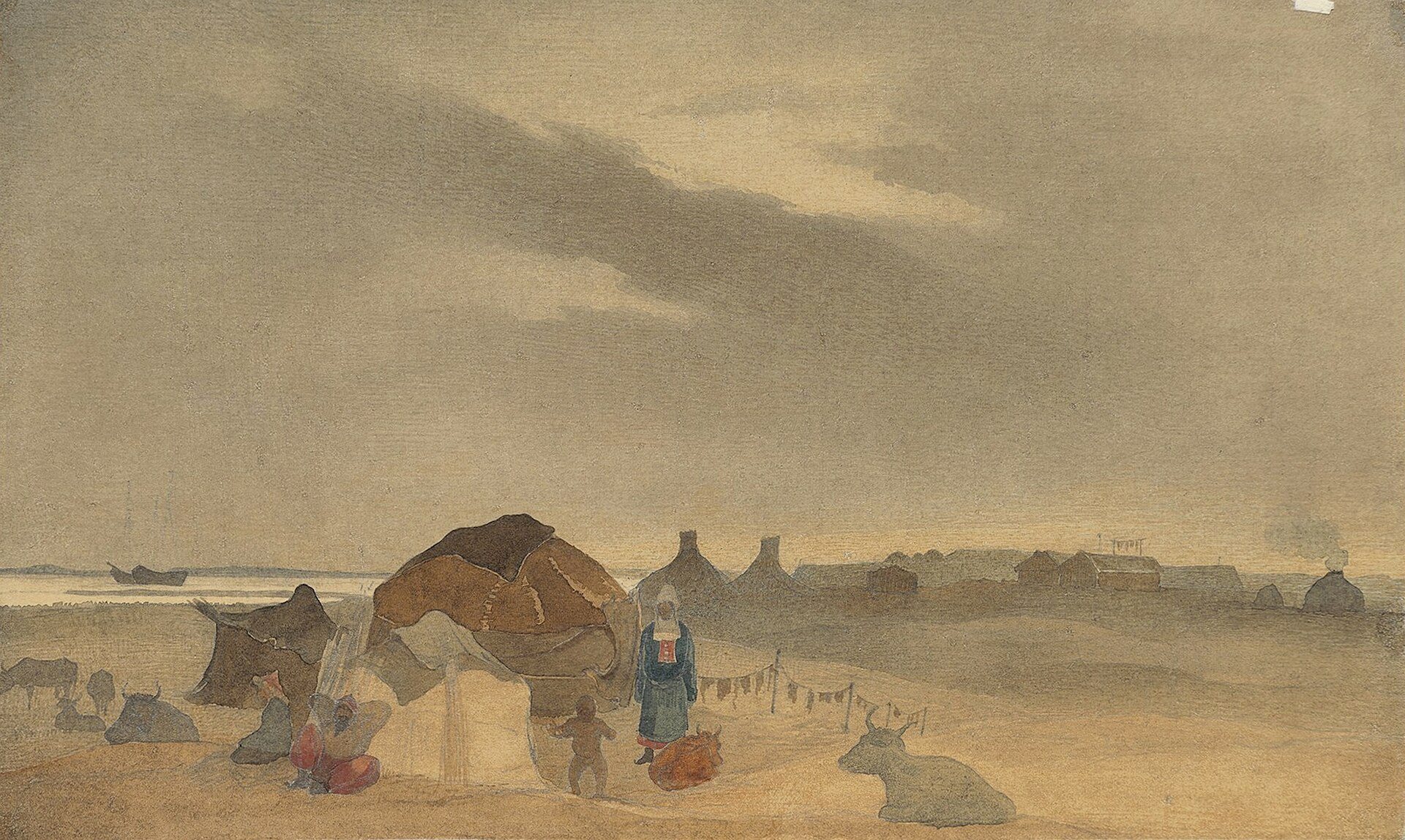 قرية كازاخية في جزيرة كوسارال من رسم تاراس شيفتشينكو, أكتوبر 1848، رُسم في جزيرة كوسارال، بحر آرال، كازاخستان