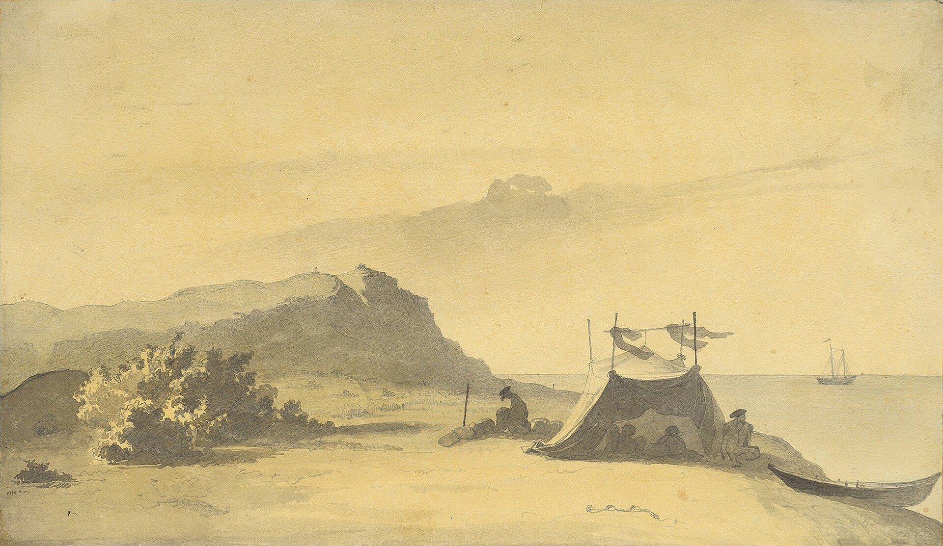 Tienda de la expedición en la isla de Barsa-Kelmes de Taras Shevchenko, 8 de agosto de 1848, dibujado en Isla de Barsa-Kelmes, mar de Aral, Kazajistán