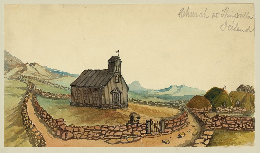 Gereja di Thingvellir karya Bayard Taylor, 1862, digambar di Thingvellir, Islandia