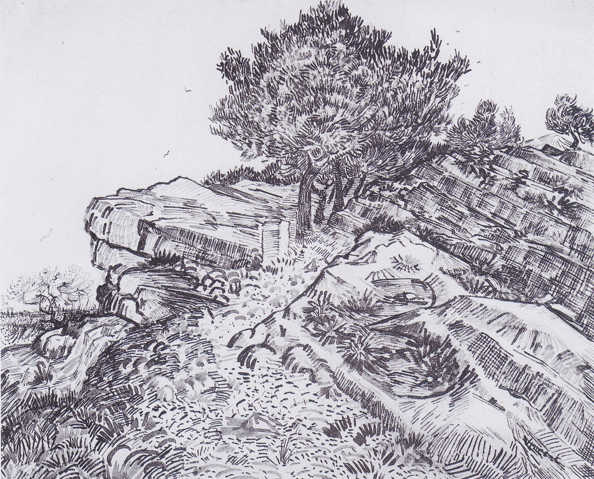 Roques a Montmajour de Vincent van Gogh, juliol de 1888, dibuixat a Abadia de Montmajour, Arle