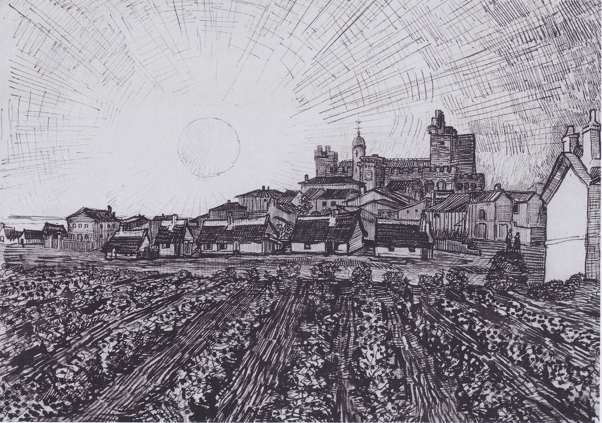 Pohled na Saintes-Maries-de-la-Mer: Vincent van Gogh, červen 1888, nakresleno: Saintes-Maries-de-la-Mer