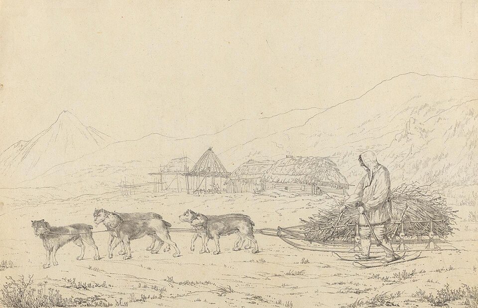 Sanie na Kamczatce: John Webber, 1779, narysowano: Pietropawłowsk Kamczacki, Rosja