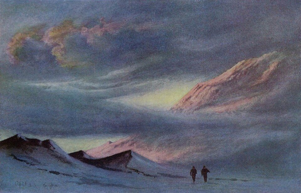 Posta de sol des de Hut Point de Edward Wilson, 2 d’abril de 1911, dibuixat a Hut Point, illa de Ross, Antàrtida
