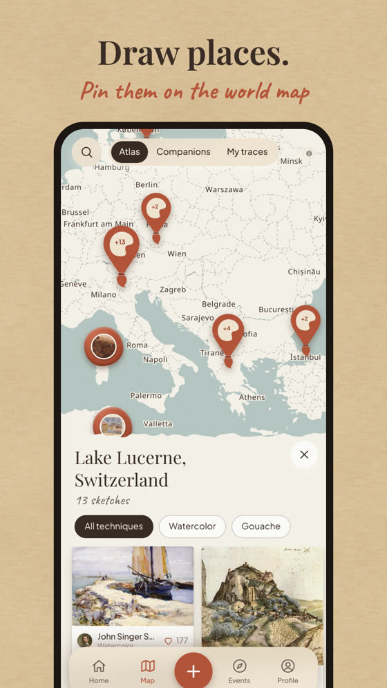 App SketchMap Atlas con un mapa de bocetos